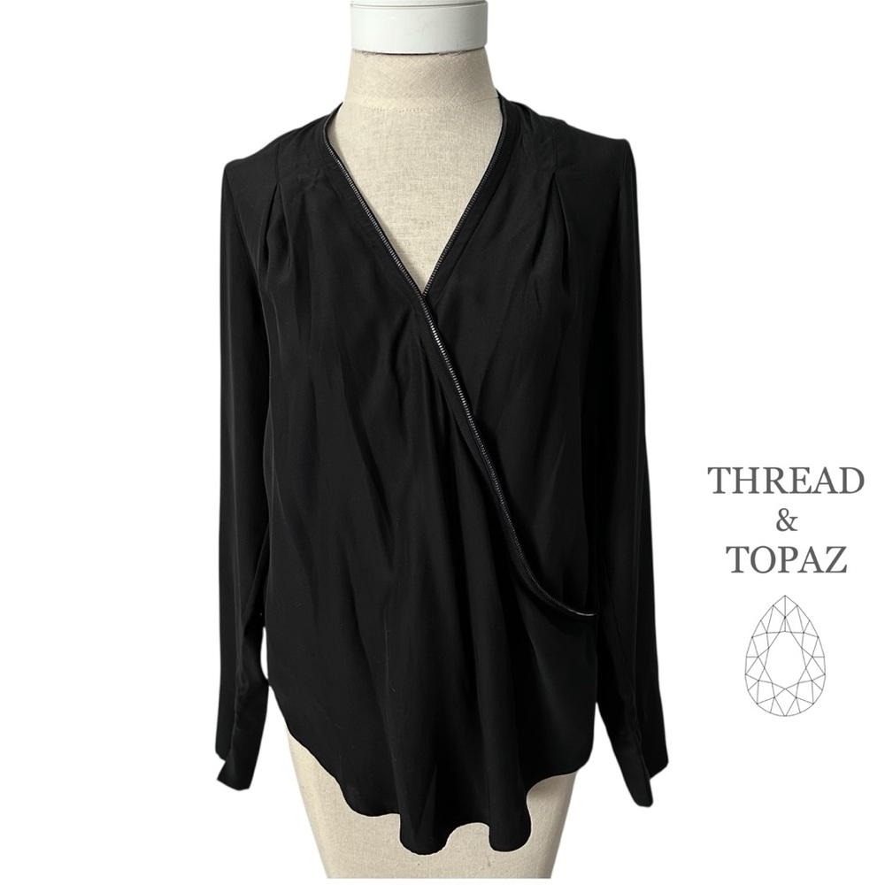Elaine Kim Minimalist Wrap Front Black Silk Top Zipper Detail